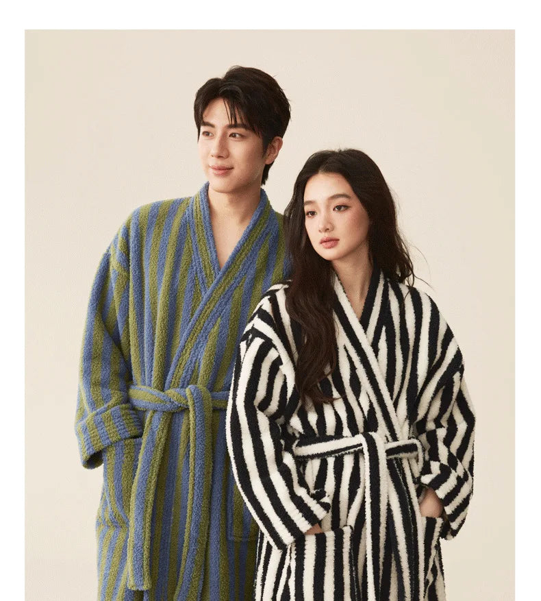 Autumn Winter Thick Soft Coral Velvet Striped Fleece Bathrobe Cozy Loungewear Plush Dressing Gown Long Robes for Women Home Wear