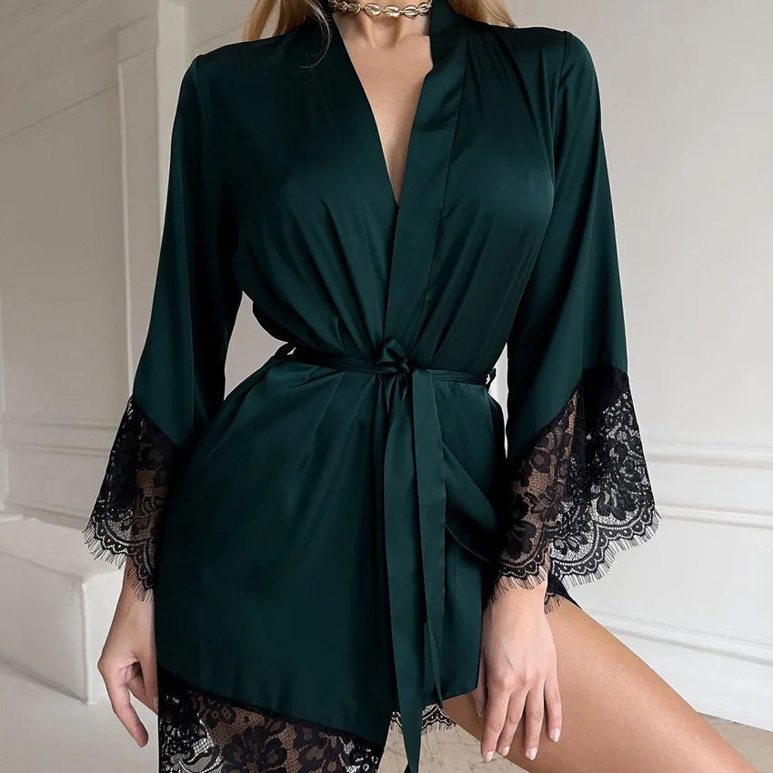 Women's Sexy Night Gown Robe V-Neck Satin Lace Bathrobe Half Sleeve Nightdress Female French Sexy Silky Satin Sleepwear