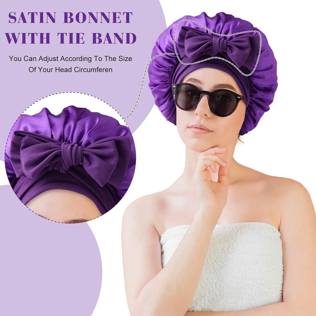 Satin Shower Cap For Women Solid Wide Band Stretch Head Tie Silky Bonnet Edge Wrap Nightcap Hair Care Sleeping Cap Head Cover