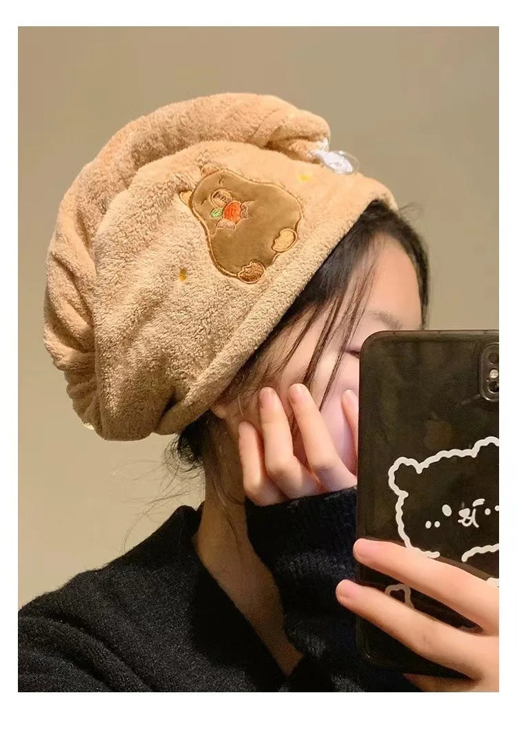 Cute Cartoon Capybara Plush Dry Hair Cap Good Absorbent Quick Dry Coral Velvet Shower Cap for Women Kid Kawaii Girl Hair Towel