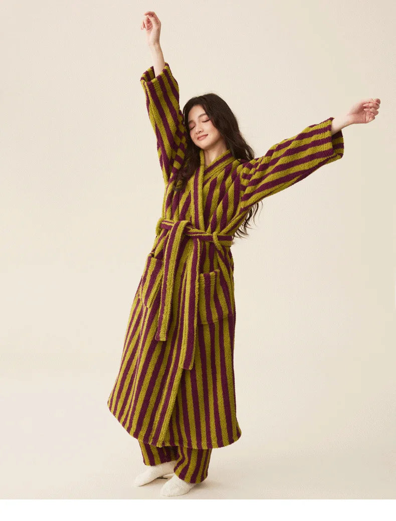 Autumn Winter Thick Soft Coral Velvet Striped Fleece Bathrobe Cozy Loungewear Plush Dressing Gown Long Robes for Women Home Wear