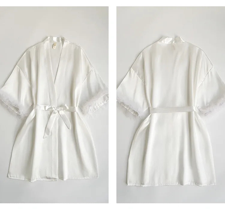 White Bride Wedding Robe with Feathers Women Satin Peignoir Sexy Bridesmids Kimono Gowns Short Bathrobe Bridal Intimate Lingerie