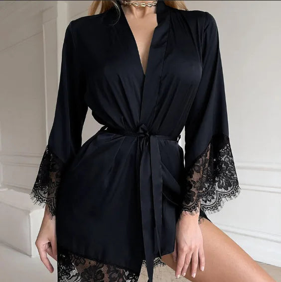 Women's Sexy Night Gown Robe V-Neck Satin Lace Bathrobe Half Sleeve Nightdress Female French Sexy Silky Satin Sleepwear
