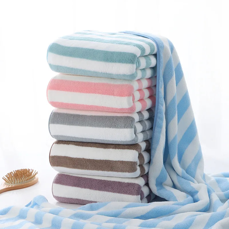 Soft Striped Bath Towel Set - Quick-Drying Absorbent Microfiber Face & Hand Towels for Bathroom, Home Spa - 70x140cm & 35x75cm