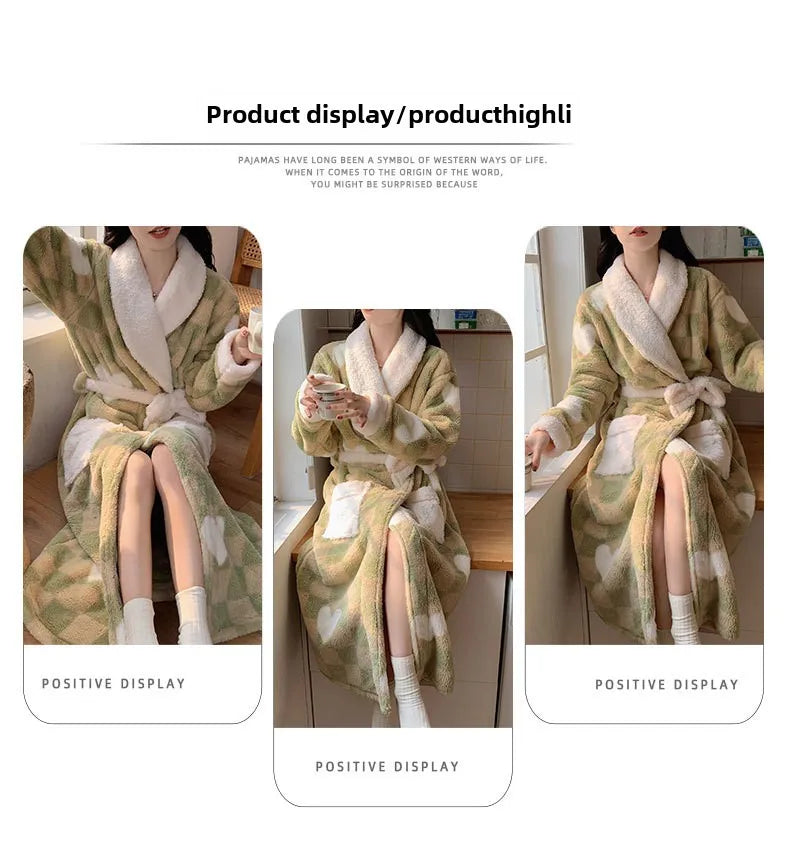 Women's Pajamas Cute Pijama Winter Sleepwear Warm Robe Sets Long Home Wear Bathrobe Plus Velvet Warmth Coral Fleece Nightgown