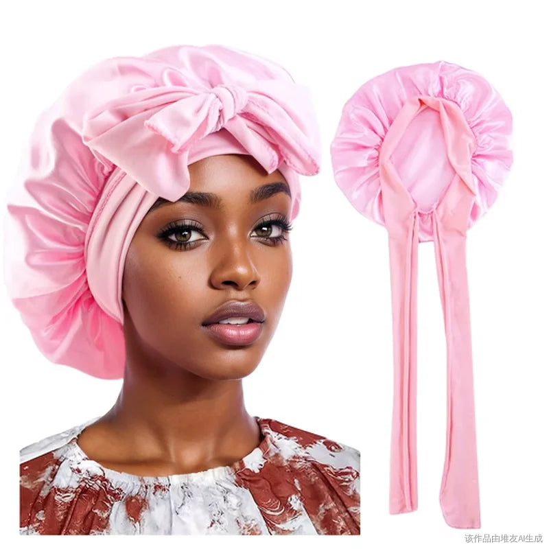 Satin Shower Cap For Women Solid Wide Band Stretch Head Tie Silky Bonnet Edge Wrap Nightcap Hair Care Sleeping Cap Head Cover