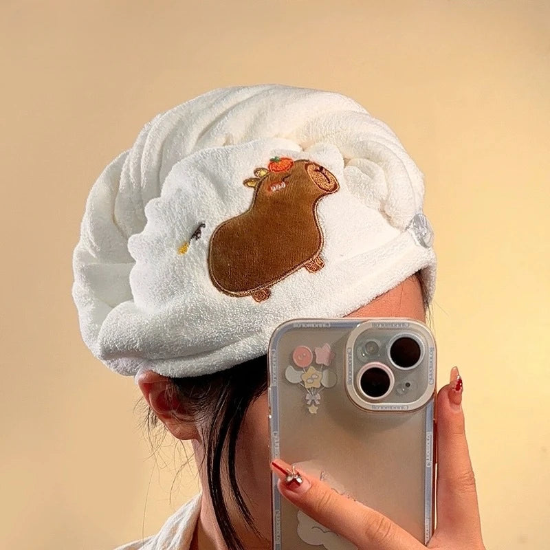 Cute Cartoon Capybara Plush Dry Hair Cap Good Absorbent Quick Dry Coral Velvet Shower Cap for Women Kid Kawaii Girl Hair Towel