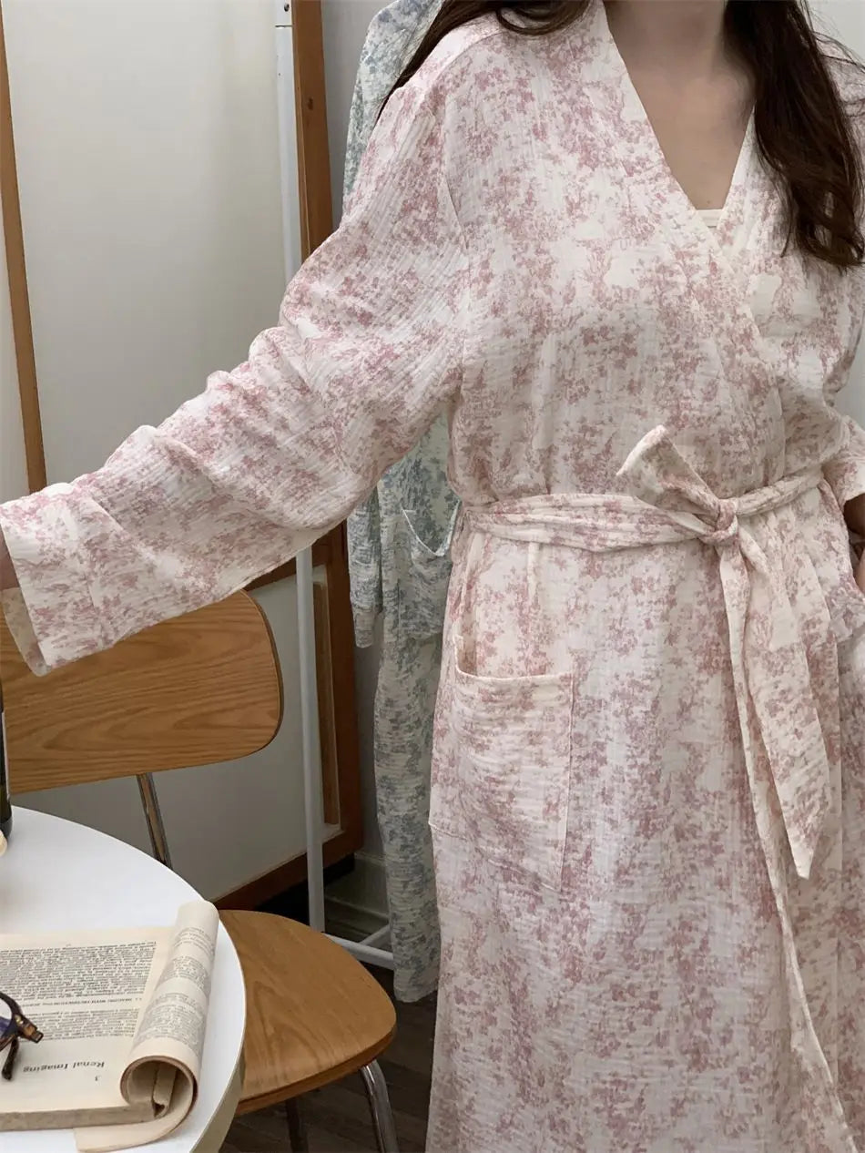 New Blue Kimono Bathing Bathrobe for Spring Autumn Women's Long-sleeved Home Sleeping Lingererie Sleep Wear Homewear Clothes Hot