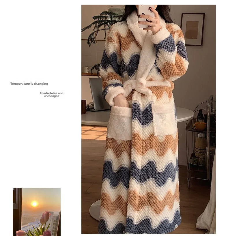 Women's Pajamas Cute Pijama Winter Sleepwear Warm Robe Sets Long Home Wear Bathrobe Plus Velvet Warmth Coral Fleece Nightgown