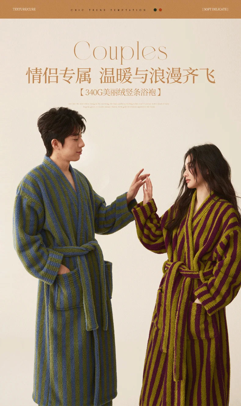 Autumn Winter Thick Soft Coral Velvet Striped Fleece Bathrobe Cozy Loungewear Plush Dressing Gown Long Robes for Women Home Wear