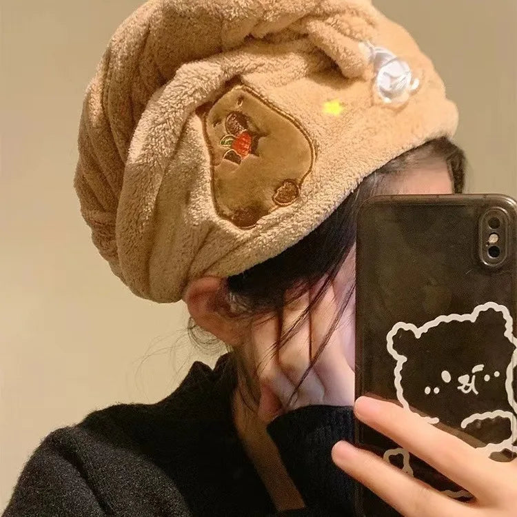 Cute Cartoon Capybara Plush Dry Hair Cap Good Absorbent Quick Dry Coral Velvet Shower Cap for Women Kid Kawaii Girl Hair Towel
